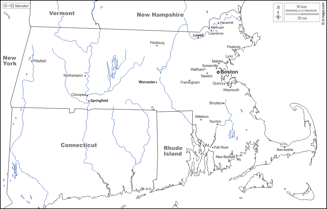 Massachusetts : d-maps.com: mappa gratuita, mappa muta gratuita, cartina muta gratuita : frontiere, idrografia, principali città, nomi, bianco
