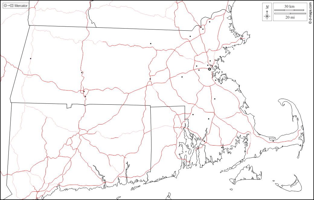 Massachusetts : d-maps.com: mappa gratuita, mappa muta gratuita, cartina muta gratuita : frontiere, principali città, strade, bianco