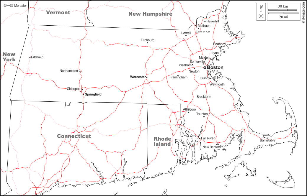 Massachusetts : d-maps.com: mappa gratuita, mappa muta gratuita, cartina muta gratuita : frontiere, principali città, strade, nomi, bianco
