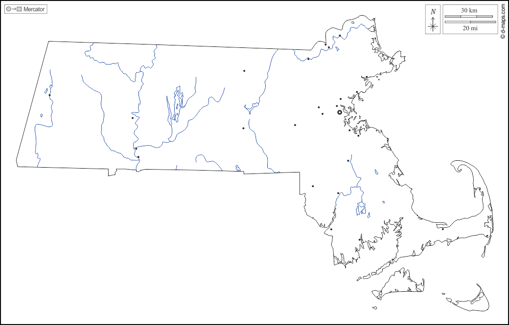Massachusetts : d-maps.com: carte géographique gratuite, carte géographique muette gratuite, carte vierge gratuite, fond de carte gratuit, formats graphiques courants : contours, hydrographie, principales villes, blanc