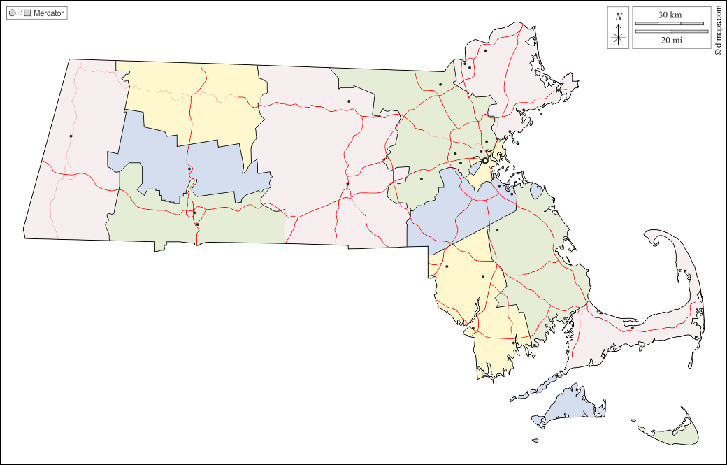 Massachusetts : d-maps.com: carte géographique gratuite, carte géographique muette gratuite, carte vierge gratuite, fond de carte gratuit, formats graphiques courants : contours, comtés, principales villes, routes, couleur, blanc