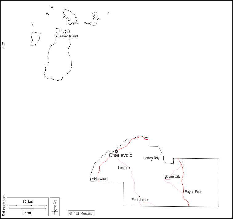 Charlevoix County : d-maps.com: Kostenlose Karten, kostenlose stumme Karte, kostenlose unausgefüllt Landkarte, kostenlose hochauflösende Umrisskarte : Umrisse, Wichtige Städte, Straßen, Namen, weiß