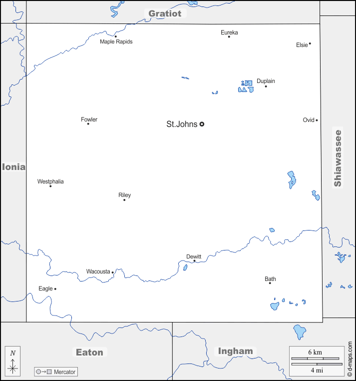 Contea di Clinton : d-maps.com: mappa gratuita, mappa muta gratuita, cartina muta gratuita : frontiere, idrografia, principali città, nomi