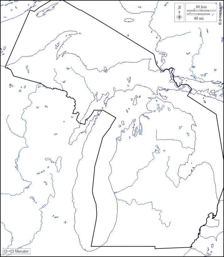 Michigan : d-maps.com: free map, free blank map, free outline map, free base map : coasts, limits, hydrography, white