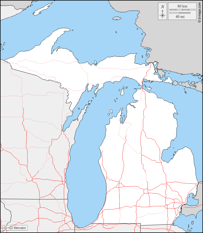 Michigan : d-maps.com: Kostenlose Karten, kostenlose stumme Karte, kostenlose unausgefüllt Landkarte, kostenlose hochauflösende Umrisskarte : Grenzen, Straßen