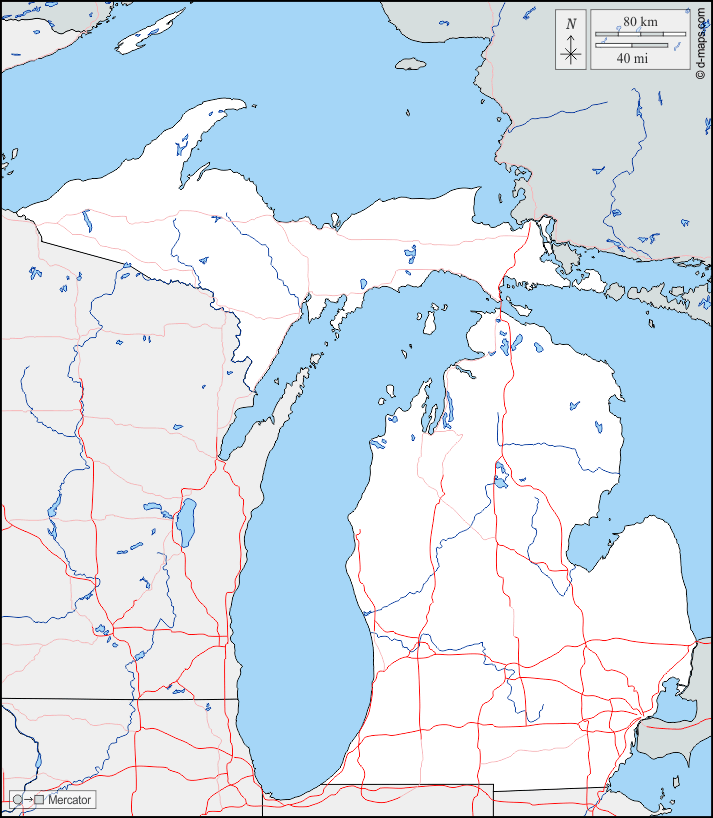 Michigan : d-maps.com: Kostenlose Karten, kostenlose stumme Karte, kostenlose unausgefüllt Landkarte, kostenlose hochauflösende Umrisskarte : Grenzen, Hydrografie, Straßen