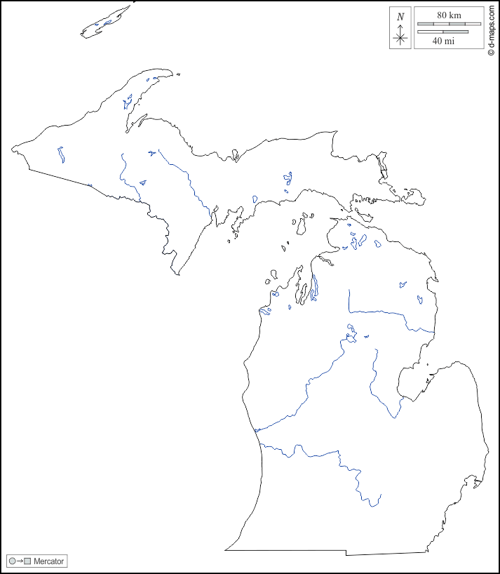 Michigan : d-maps.com: mapa livre, mapa em branco livre, mapa livre do esboço, mapa básico livre
 : contornos, hidrografia, branco