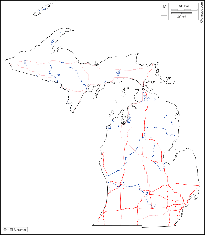 Míchigan : d-maps.com: mapa gratuito, mapa mudo gratuito, mapa en blanco gratuito, plantilla de mapa : contornos, hidrografía, carreteras, blanco