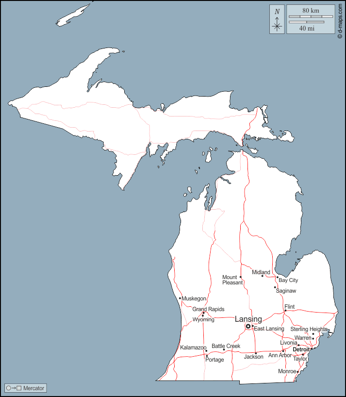 Michigan : d-maps.com: carte géographique gratuite, carte géographique muette gratuite, carte vierge gratuite, fond de carte gratuit, formats graphiques courants : contours, principales villes, routes, noms