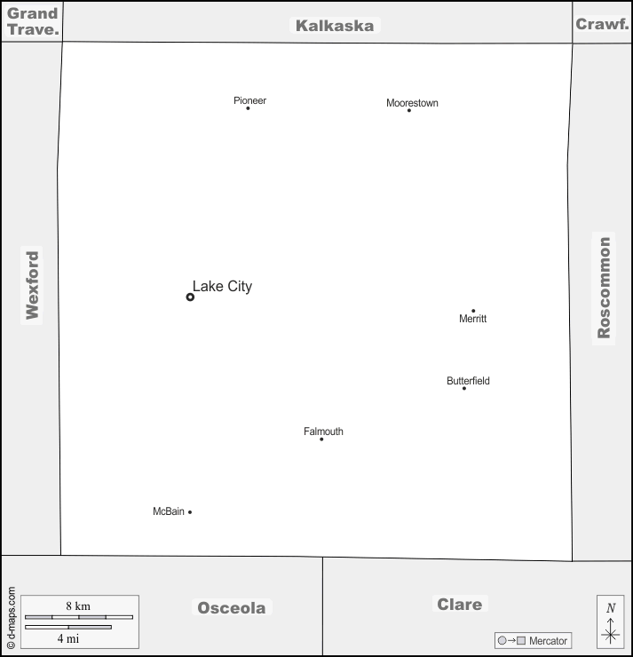 Contea di Missaukee : d-maps.com: mappa gratuita, mappa muta gratuita, cartina muta gratuita : frontiere, principali città, nomi