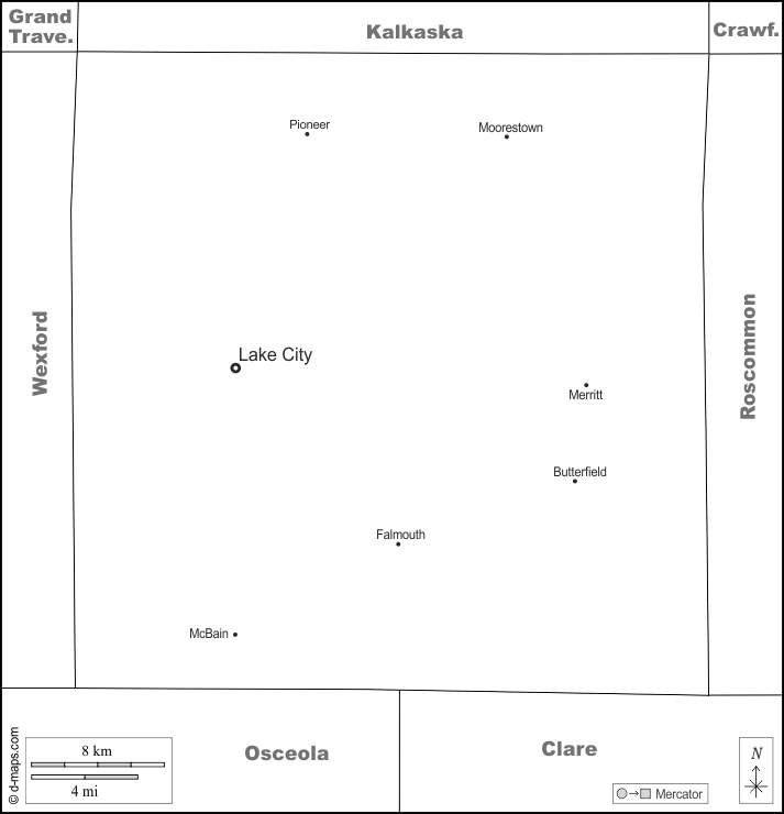 Missaukee County : d-maps.com: Kostenlose Karten, kostenlose stumme Karte, kostenlose unausgefüllt Landkarte, kostenlose hochauflösende Umrisskarte : Grenzen, Wichtige Städte, Namen, weiß
