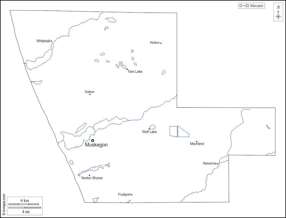 Contea di Muskegon : d-maps.com: mappa gratuita, mappa muta gratuita, cartina muta gratuita : contorni, idrografia, principali città, nomi, bianco