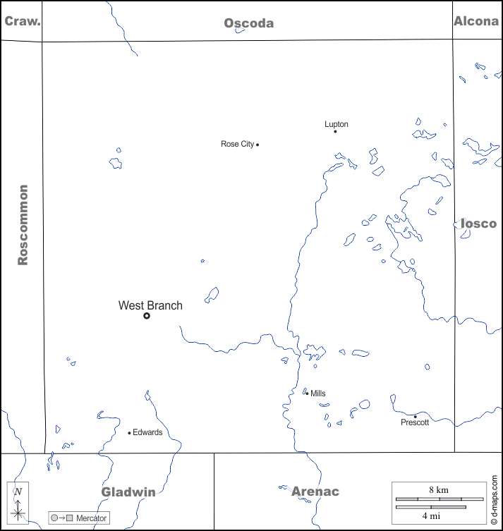Contea di Ogemaw : d-maps.com: mappa gratuita, mappa muta gratuita, cartina muta gratuita : frontiere, idrografia, principali città, nomi, bianco