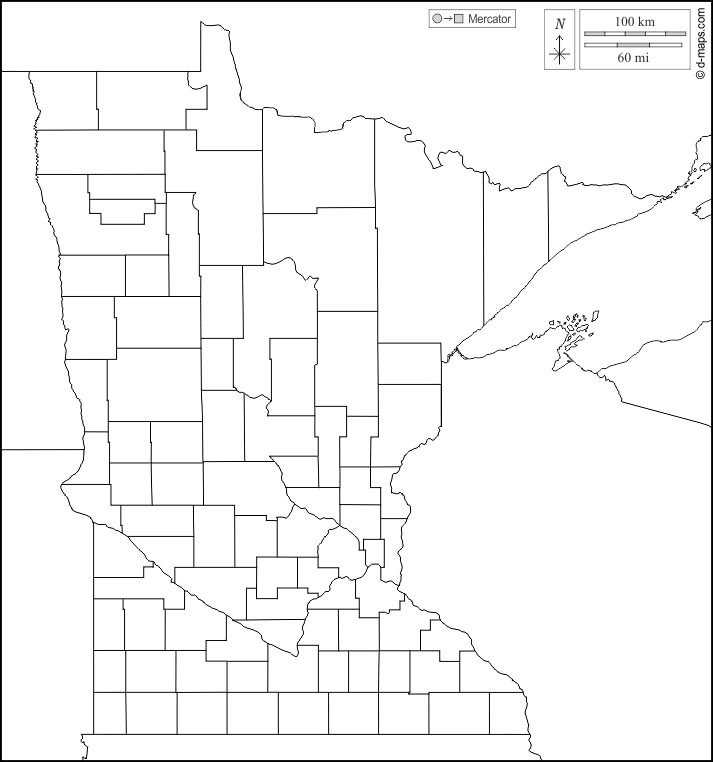 Minnesota : d-maps.com: carte géographique gratuite, carte géographique muette gratuite, carte vierge gratuite, fond de carte gratuit, formats graphiques courants : frontières, comtés, blanc