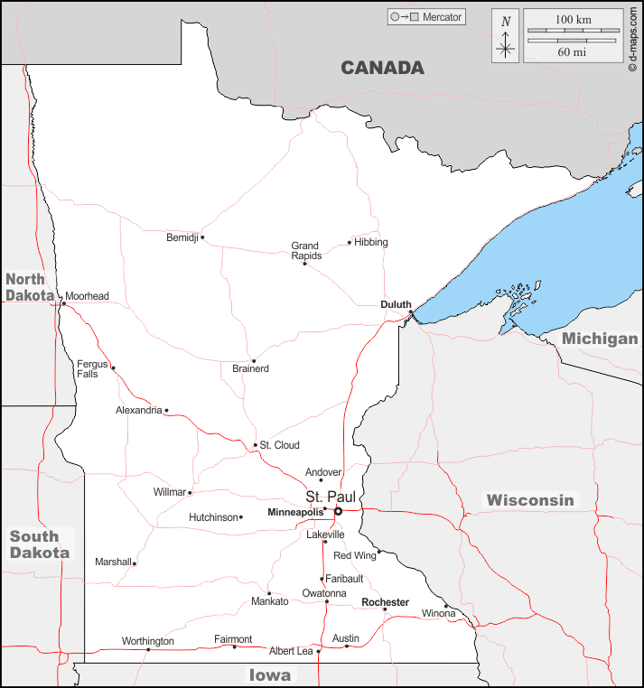Minnesota : d-maps.com: carte géographique gratuite, carte géographique muette gratuite, carte vierge gratuite, fond de carte gratuit, formats graphiques courants : frontières, principales villes, routes, noms
