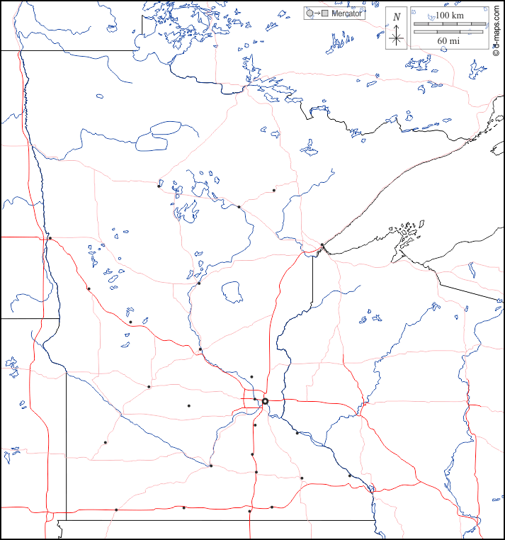 Minnesota : d-maps.com: carte géographique gratuite, carte géographique muette gratuite, carte vierge gratuite, fond de carte gratuit, formats graphiques courants : frontières, hydrographie, principales villes, routes, blanc
