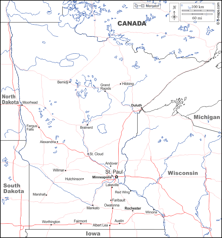Minnesota : d-maps.com: carte géographique gratuite, carte géographique muette gratuite, carte vierge gratuite, fond de carte gratuit, formats graphiques courants : frontières, hydrographie, principales villes, routes, noms, blanc