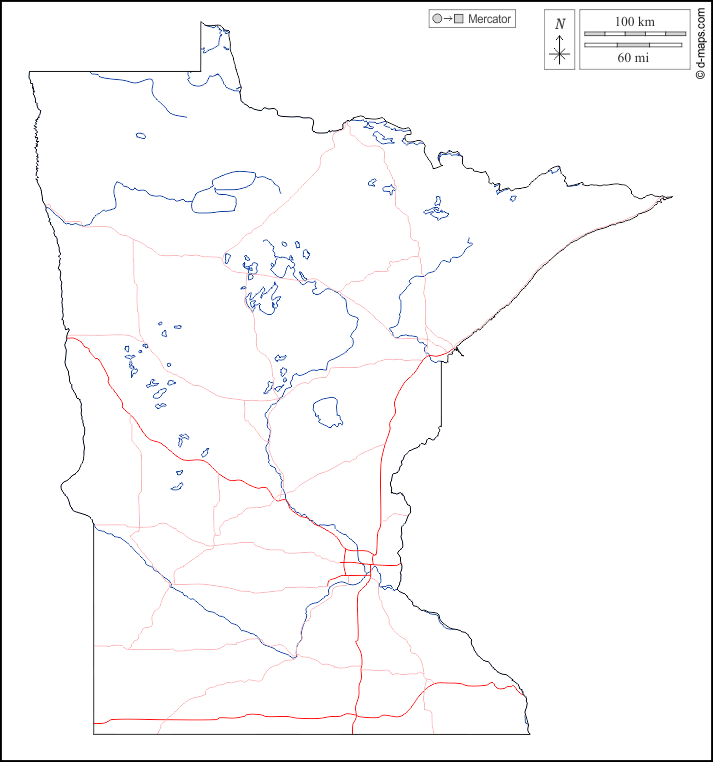 Minnesota : d-maps.com: carte géographique gratuite, carte géographique muette gratuite, carte vierge gratuite, fond de carte gratuit, formats graphiques courants : contours, hydrographie, routes, blanc