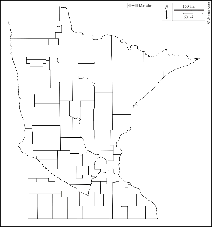 Minnesota : d-maps.com: carte géographique gratuite, carte géographique muette gratuite, carte vierge gratuite, fond de carte gratuit, formats graphiques courants : contours, comtés, blanc
