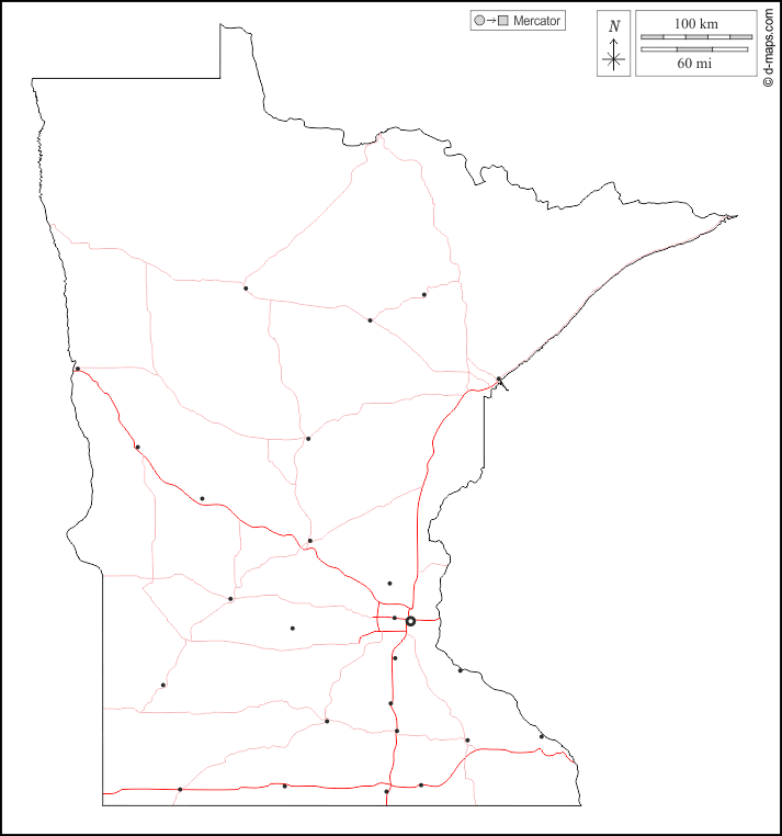 Minnesota : d-maps.com: mapa livre, mapa em branco livre, mapa livre do esboço, mapa básico livre
 : contornos, principais cidades, estradas, branco