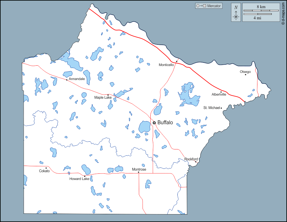 Contea di Wright : d-maps.com: mappa gratuita, mappa muta gratuita, cartina muta gratuita : contorni, idrografia, principali città, strade, nomi