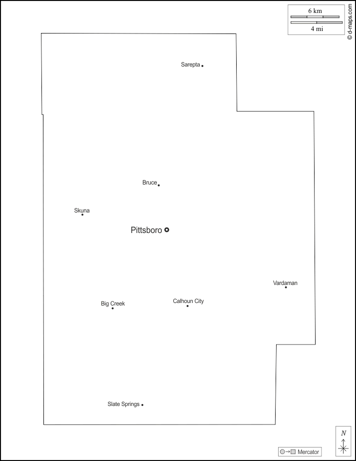 Contea di Calhoun : d-maps.com: mappa gratuita, mappa muta gratuita, cartina muta gratuita : contorni, principali città, nomi, bianco