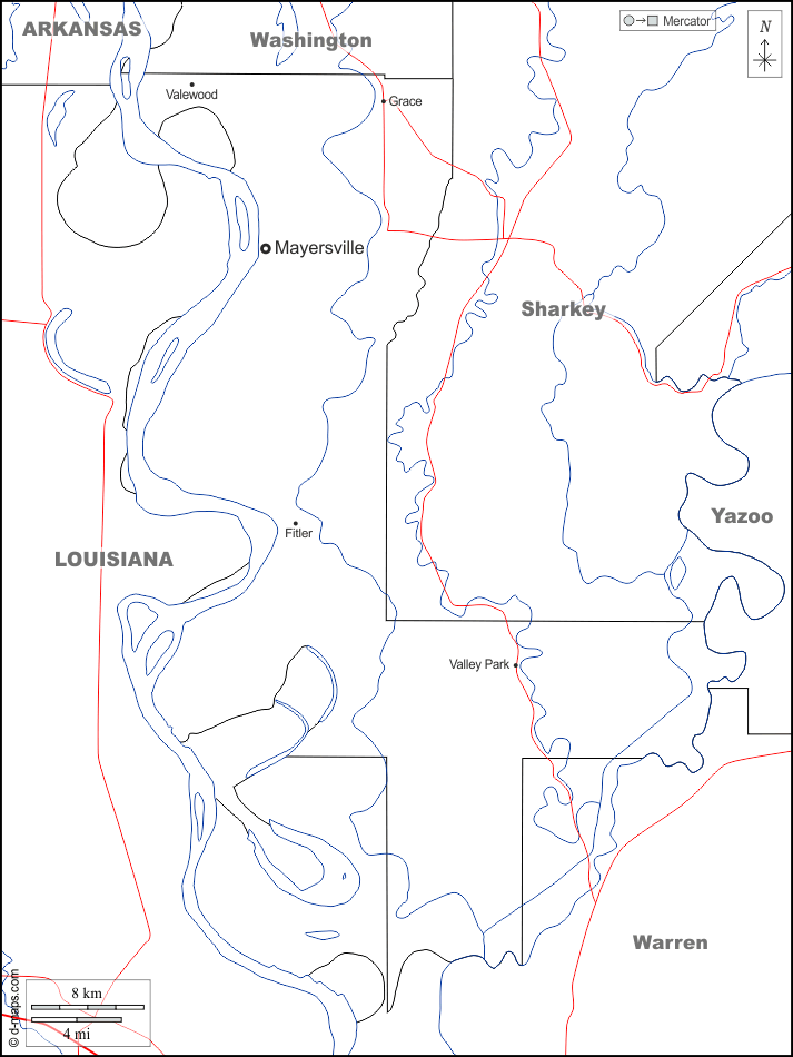 Contea di Issaquena : d-maps.com: mappa gratuita, mappa muta gratuita, cartina muta gratuita : frontiere, idrografia, principali città, strade, nomi, bianco