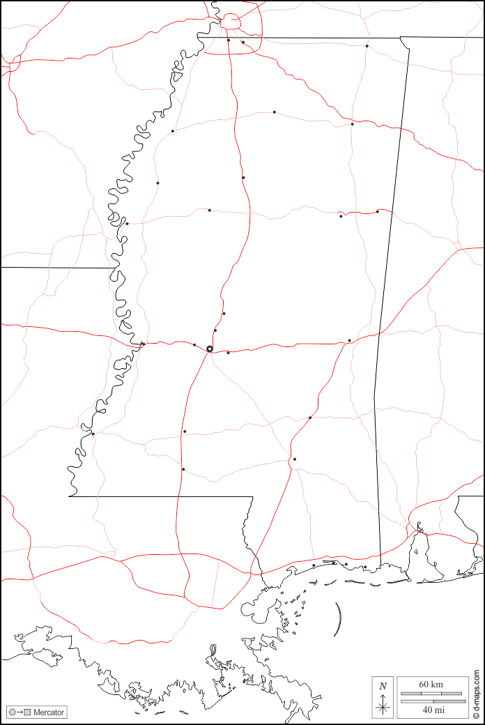 ミシシッピ : d-maps.com: 無料地図, 無料の空の地図, 無料のアウトラインマップ, 無料のベースマップ
 : 境界, 主要都市, 道路, 白い