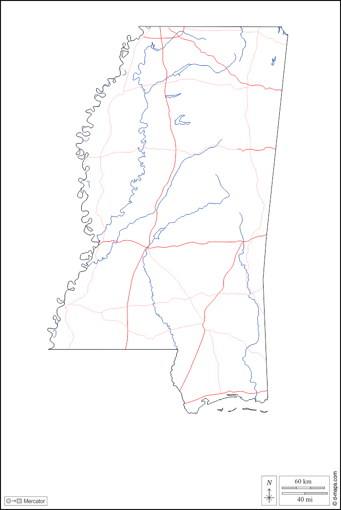 Mississippi : d-maps.com: mapa livre, mapa em branco livre, mapa livre do esboço, mapa básico livre
 : contornos, hidrografia, estradas, branco