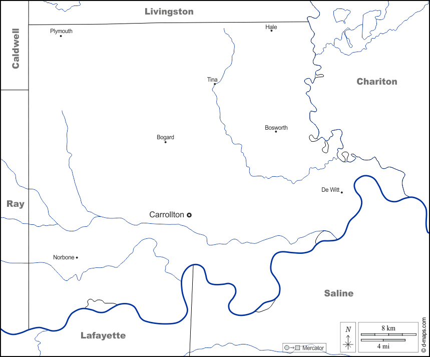 Contea di Carroll : d-maps.com: mappa gratuita, mappa muta gratuita, cartina muta gratuita : frontiere, idrografia, principali città, nomi, bianco