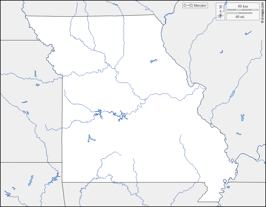 Missouri : d-maps.com: free map, free blank map, free outline map, free base map : altitude, hydrography