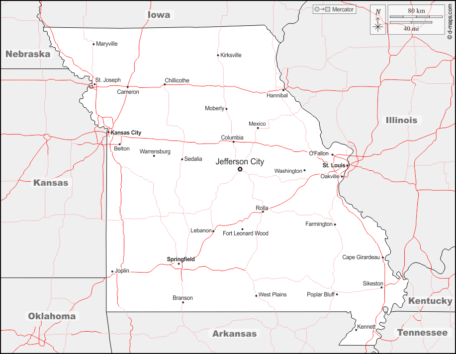 Misuri : d-maps.com: mapa gratuito, mapa mudo gratuito, mapa en blanco gratuito, plantilla de mapa : fronteras, principales ciudades, carreteras, nombres