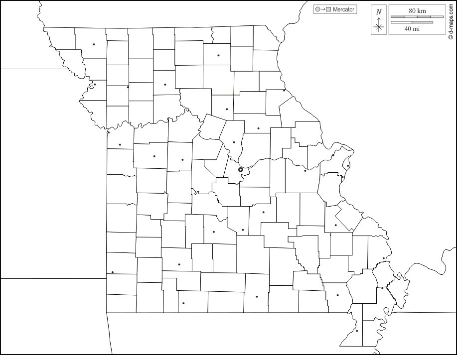 Missouri : d-maps.com: Kostenlose Karten, kostenlose stumme Karte, kostenlose unausgefüllt Landkarte, kostenlose hochauflösende Umrisskarte : Grenzen, Landkreise, Wichtige Städte, weiß