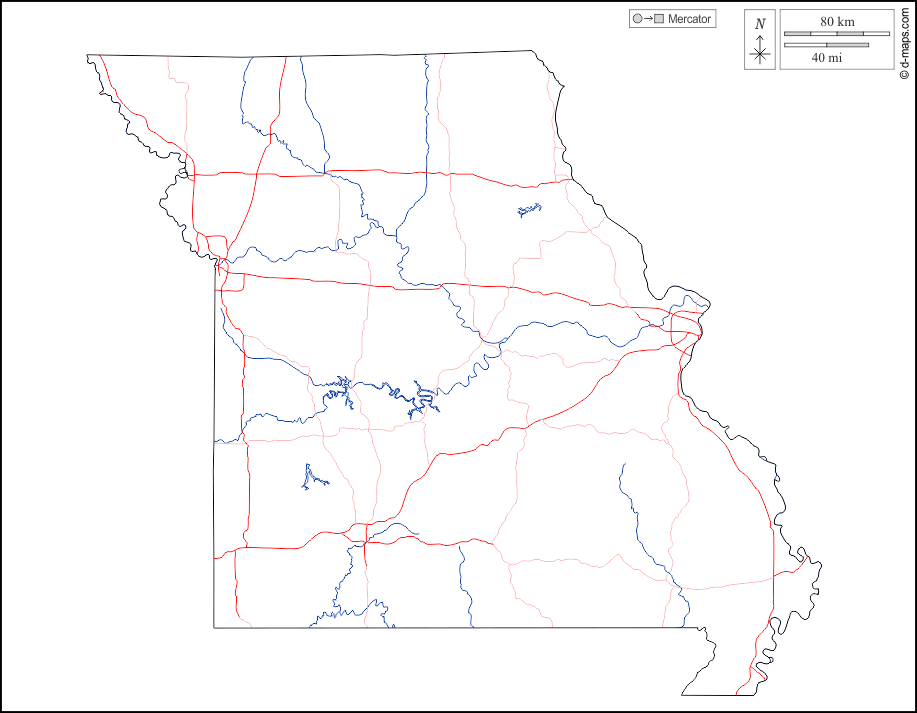 Missouri : d-maps.com: mappa gratuita, mappa muta gratuita, cartina muta gratuita : contorni, idrografia, strade, bianco
