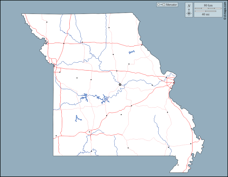 Missouri : d-maps.com: mappa gratuita, mappa muta gratuita, cartina muta gratuita : contorni, idrografia, principali città, strade