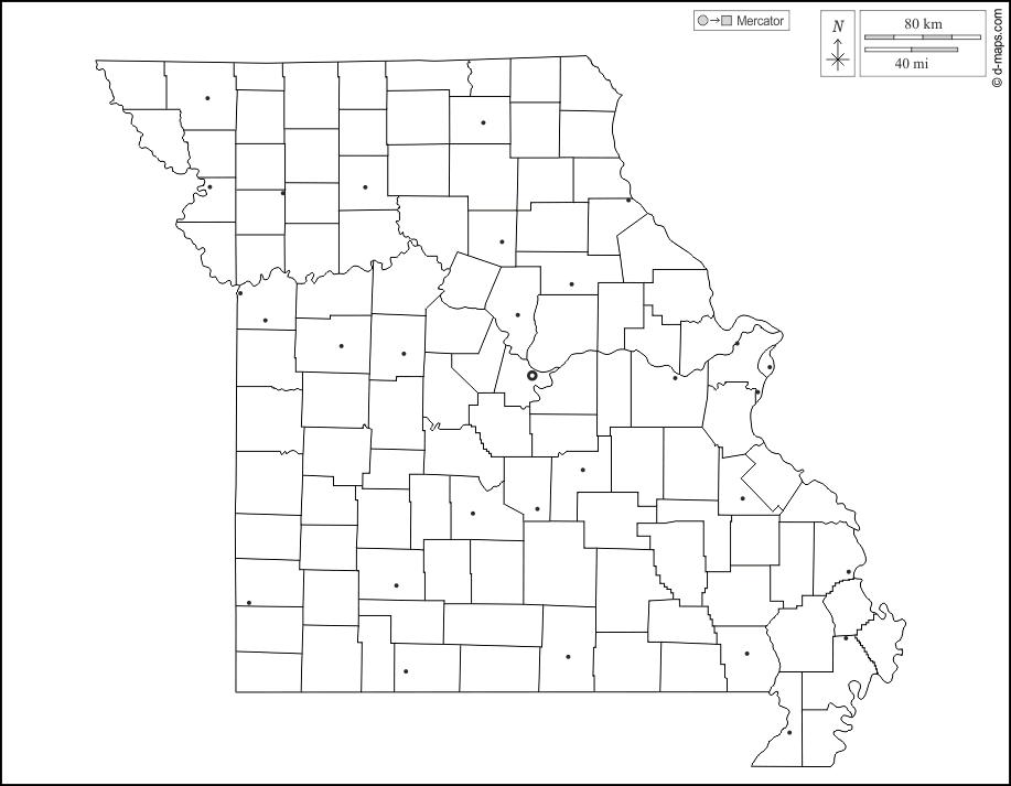 Missouri : d-maps.com: Kostenlose Karten, kostenlose stumme Karte, kostenlose unausgefüllt Landkarte, kostenlose hochauflösende Umrisskarte : Umrisse, Landkreise, Wichtige Städte, weiß