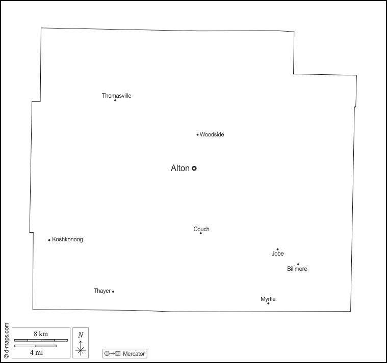 Contea di Oregon : d-maps.com: mappa gratuita, mappa muta gratuita, cartina muta gratuita : contorni, principali città, nomi, bianco