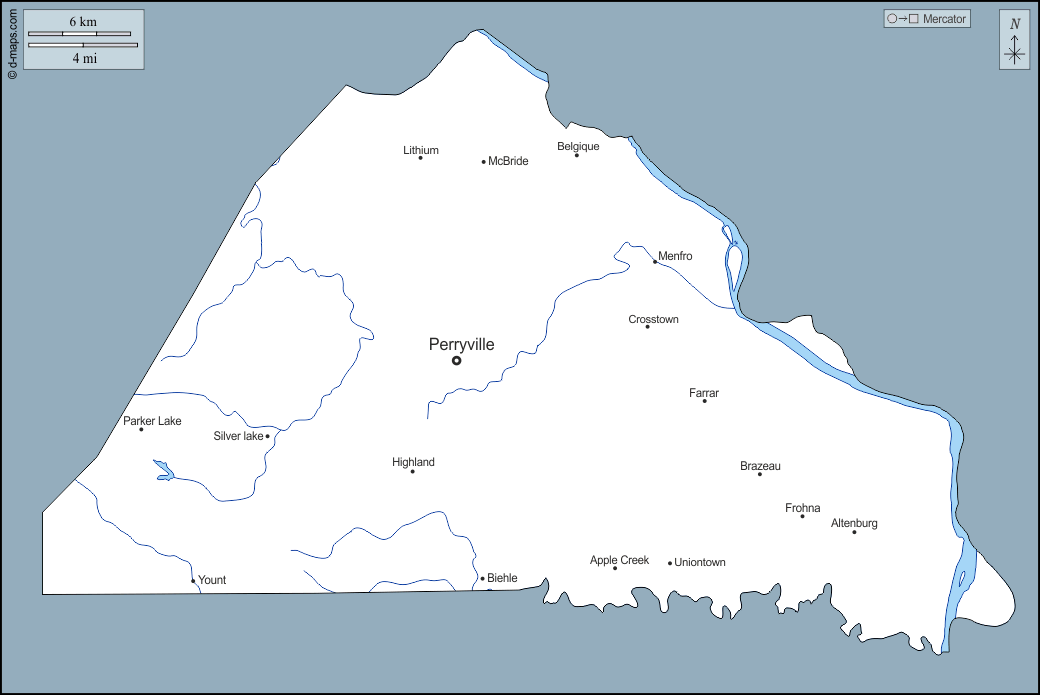 Contea di Perry : d-maps.com: mappa gratuita, mappa muta gratuita, cartina muta gratuita : contorni, idrografia, principali città, nomi