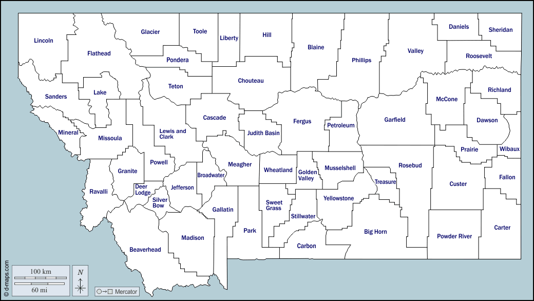 Montana : d-maps.com: mapa livre, mapa em branco livre, mapa livre do esboço, mapa básico livre
 : contornos, condados, nomes