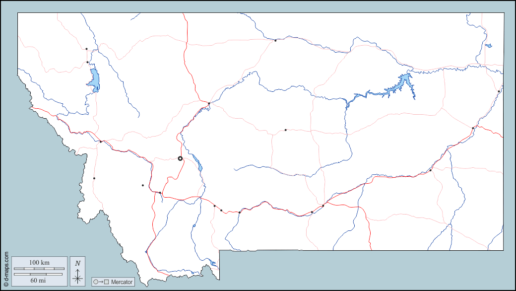 Montana : d-maps.com: mapa gratuito, mapa mudo gratuito, mapa en blanco gratuito, plantilla de mapa : contornos, hidrografía, principales ciudades, carreteras
