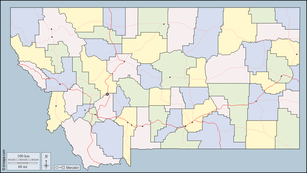 Montana : d-maps.com: Kostenlose Karten, kostenlose stumme Karte, kostenlose unausgefüllt Landkarte, kostenlose hochauflösende Umrisskarte : Umrisse, Landkreise, Wichtige Städte, Straßen, Farbe