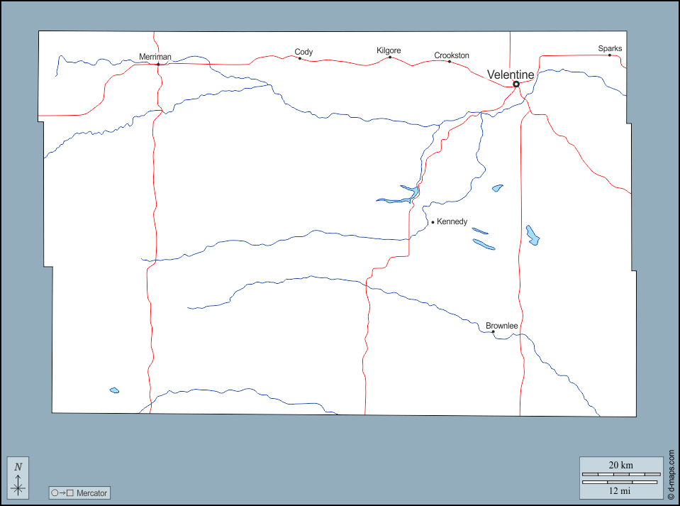 Contea di Cherry : d-maps.com: mappa gratuita, mappa muta gratuita, cartina muta gratuita : contorni, idrografia, principali città, strade, nomi