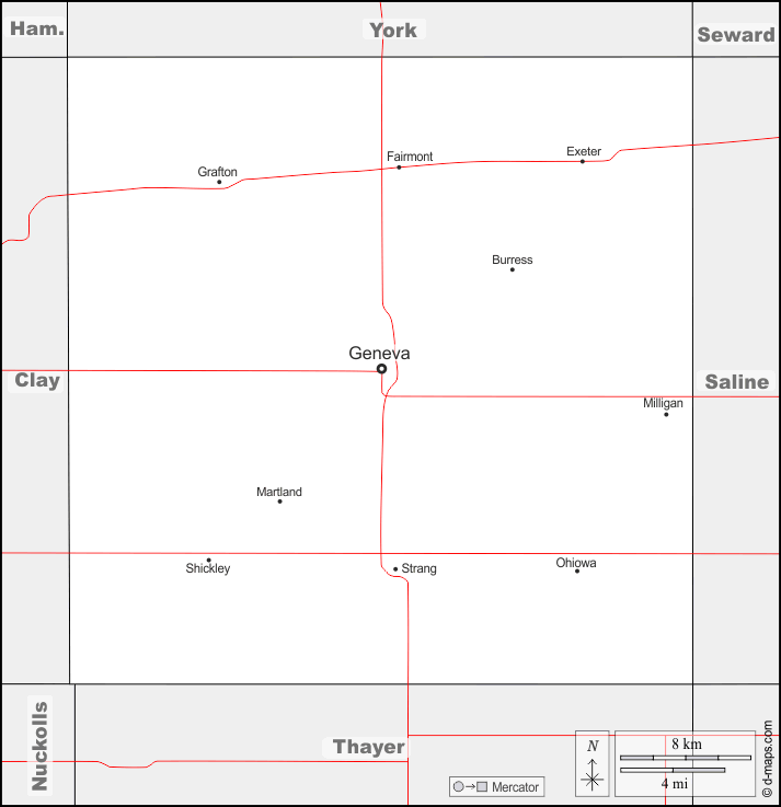 Comté de Fillmore : d-maps.com: carte géographique gratuite, carte géographique muette gratuite, carte vierge gratuite, fond de carte gratuit, formats graphiques courants : frontières, principales villes, routes, noms