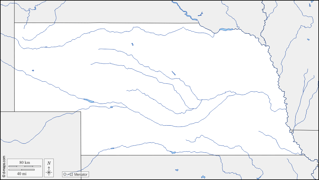 内布拉斯加州 : d-maps.com: 免费地图, 免费的空白地图, 免费的轮廓地图, 免费基地地图 : 边界, 水文学