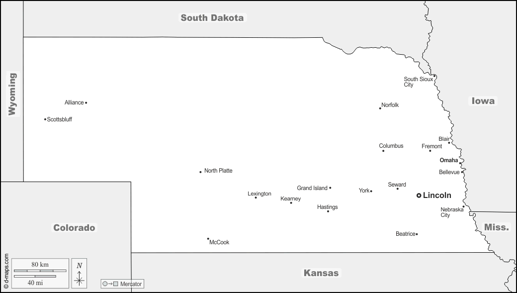 Nebraska : d-maps.com: mappa gratuita, mappa muta gratuita, cartina muta gratuita : frontiere, principali città, nomi