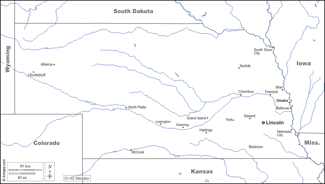ネブラスカ : d-maps.com: 無料地図, 無料の空の地図, 無料のアウトラインマップ, 無料のベースマップ
 : 境界, 川と湖, 主要都市, 名前, 白い