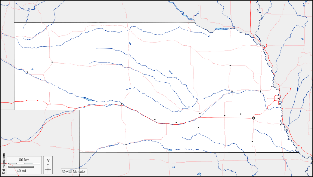 Nebraska : d-maps.com: mapa gratuito, mapa mudo gratuito, mapa en blanco gratuito, plantilla de mapa : fronteras, hidrografía, principales ciudades, carreteras