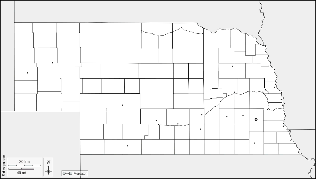 Nebraska : d-maps.com: mapa gratuito, mapa mudo gratuito, mapa en blanco gratuito, plantilla de mapa : fronteras, condados, principales ciudades