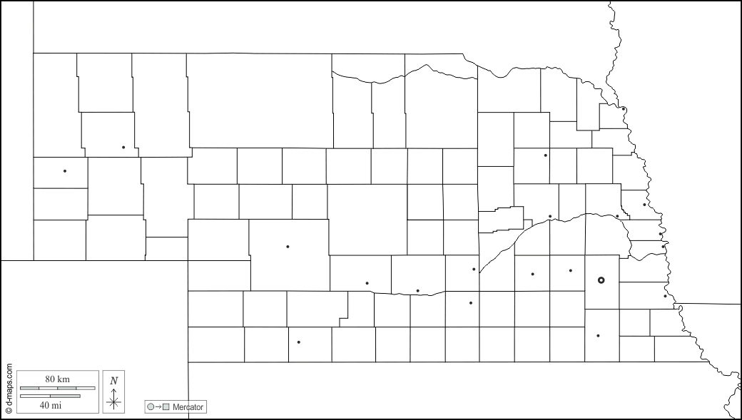 Nebraska : d-maps.com: mapa gratuito, mapa mudo gratuito, mapa en blanco gratuito, plantilla de mapa : fronteras, condados, principales ciudades, blanco