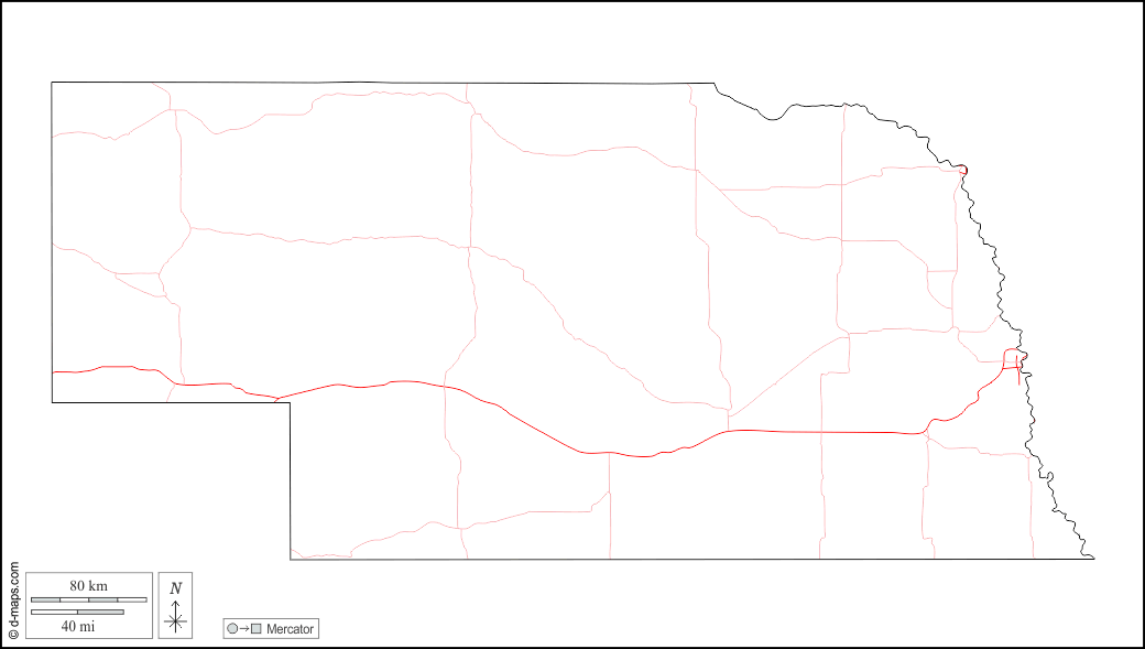 Небраска : d-maps.com: Бесплатная карта, бесплатная карта, свободная карта, Бесплатная базовая карта
 : контур, дорог, Белый